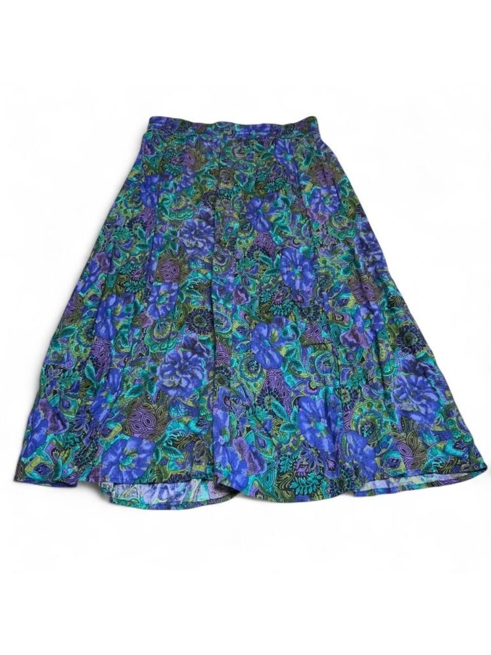 3/$20 Vintage 90's Floral Midi Skirt Women's 14 Blue Green Summer Cottagecore